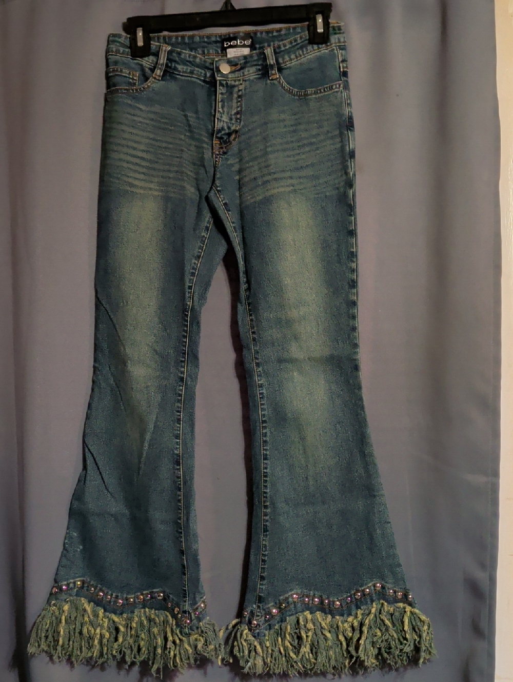 bebe Faded Blue Wide-Leg Jeans with Fringe and Bead Trim